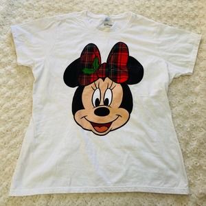 Disney Minnie Mouse Buffalo Plaid Bow White Cotton Tee Shirt